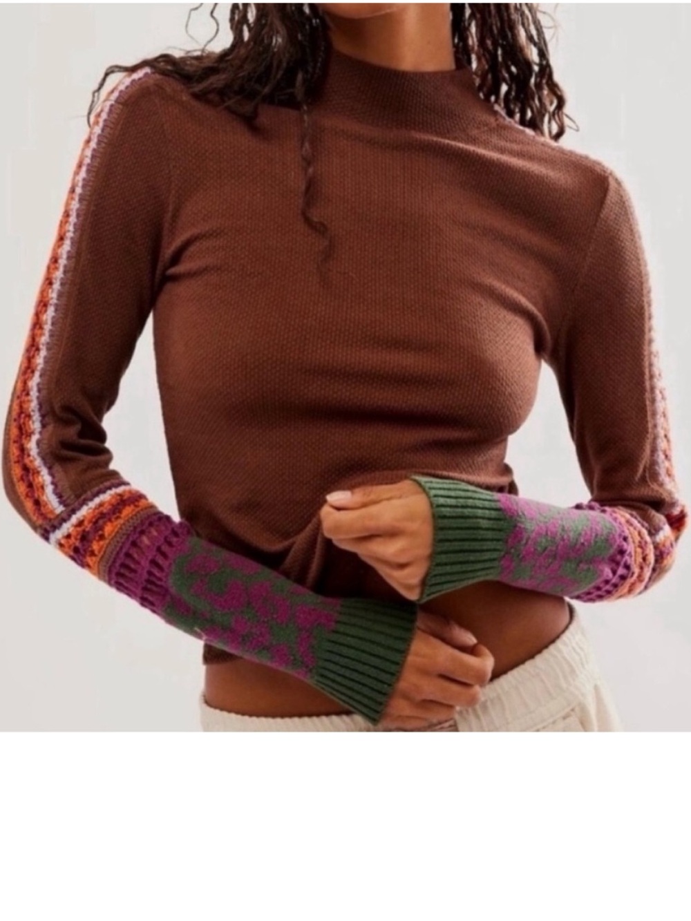 Free People XSmall Top Switch It Up brown thermal crochet animal print mock neck